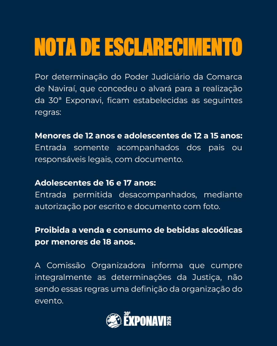 Justiça define regras para entrada de menores na 30ª Exponavi em Naviraí